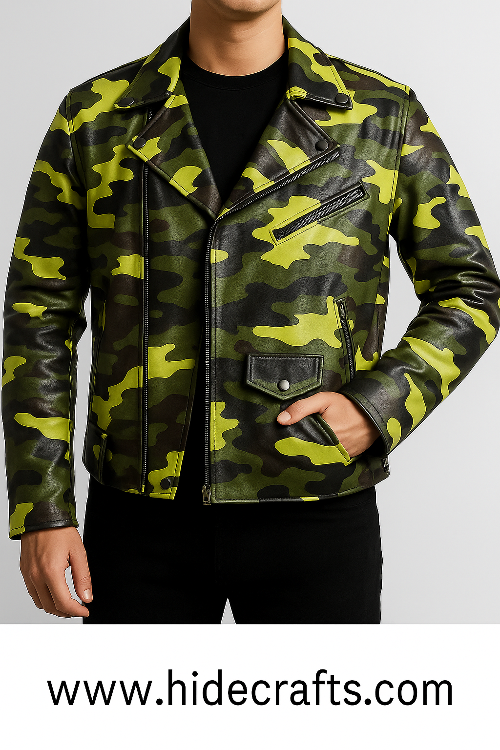 Command Attention with This Bold Camouflage Leather Jacket