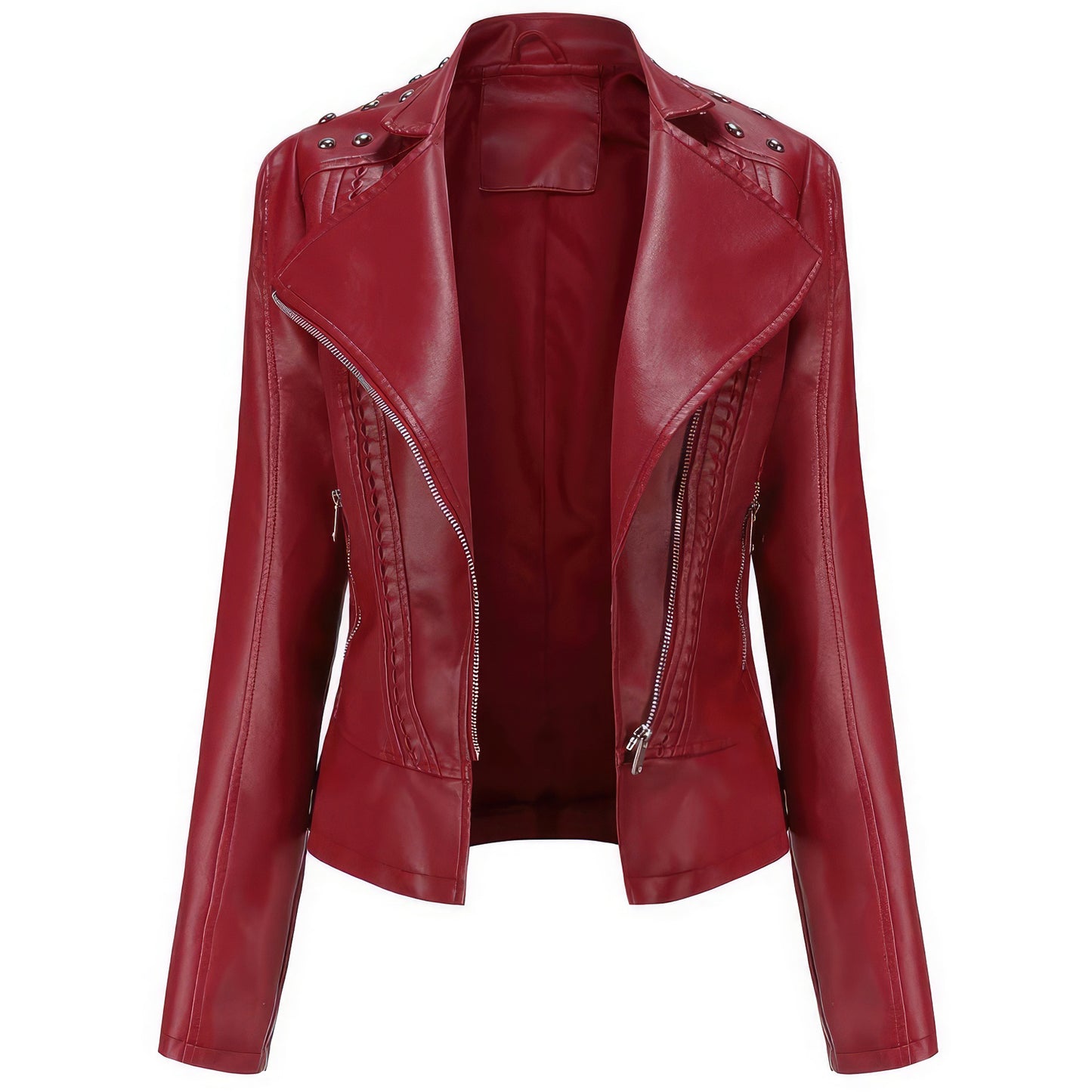Wine Red Biker Sheepskin women's biker jacket with Stud Accents, Asymmetric Zip Closure, Slim Fit Style - Hide Crafts