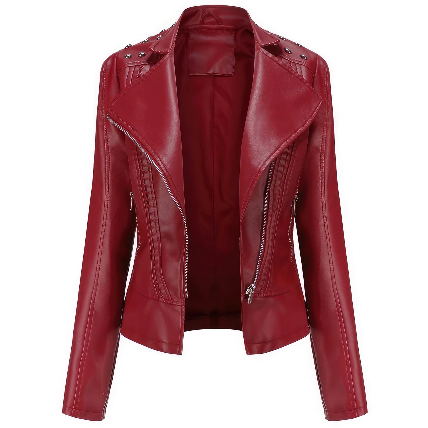 Wine Red Biker Sheepskin women's biker jacket with Stud Accents, Asymmetric Zip Closure, Slim Fit Style - Hide Crafts