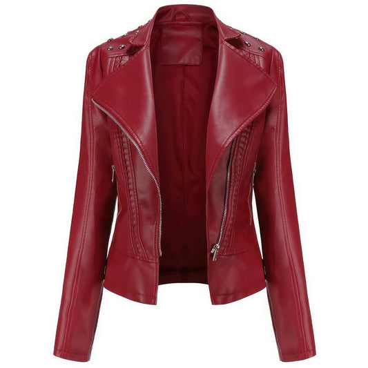 Wine Red Biker Sheepskin women's biker jacket with Stud Accents, Asymmetric Zip Closure, Slim Fit Style - Hide Crafts