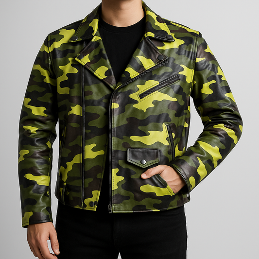 Camouflage Motorcycle Jacket, Military Green and Yellow Print, Multi-Pocket Design with Zipper Closure