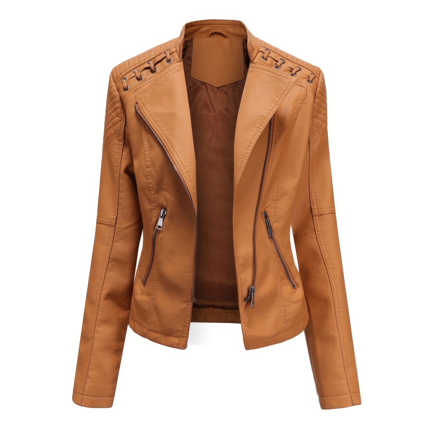 Women’s Camel Brown Biker Genuine Sheepskin Jacket