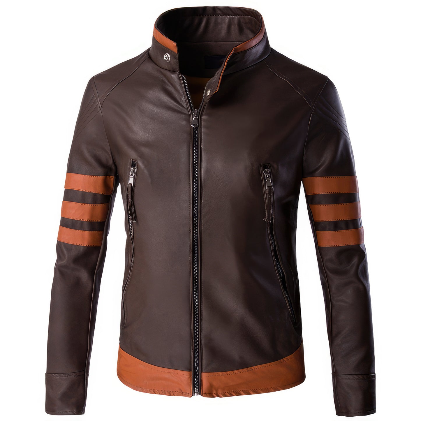 Men's Leather Jacket Brown Genuine Sheepskin Leather Jacket, Tan Strips, Zip-Up, Slim Fit, Racer Casual Style - Hide Crafts