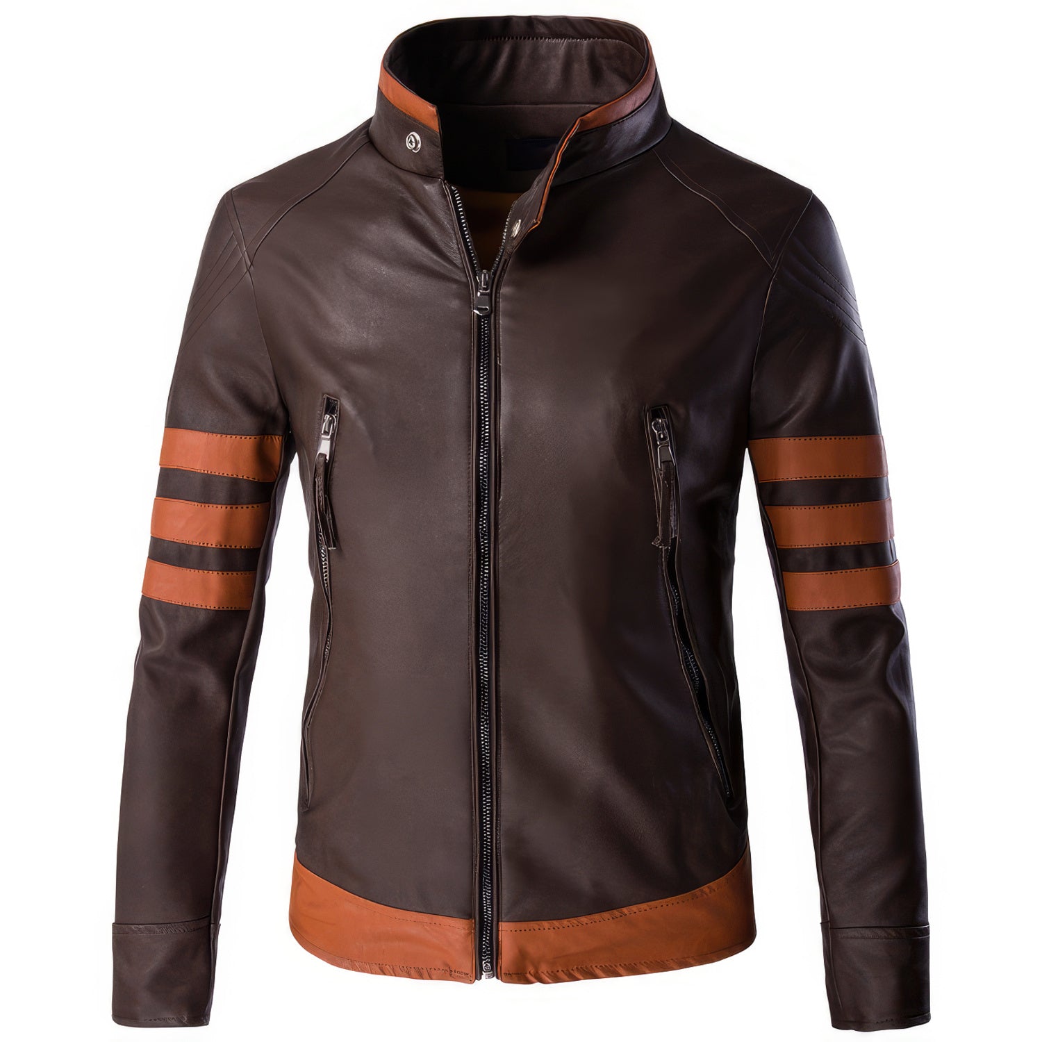Men's Leather Jacket Brown Genuine Sheepskin Leather Jacket, Tan Strips, Zip-Up, Slim Fit, Racer Casual Style - Hide Crafts