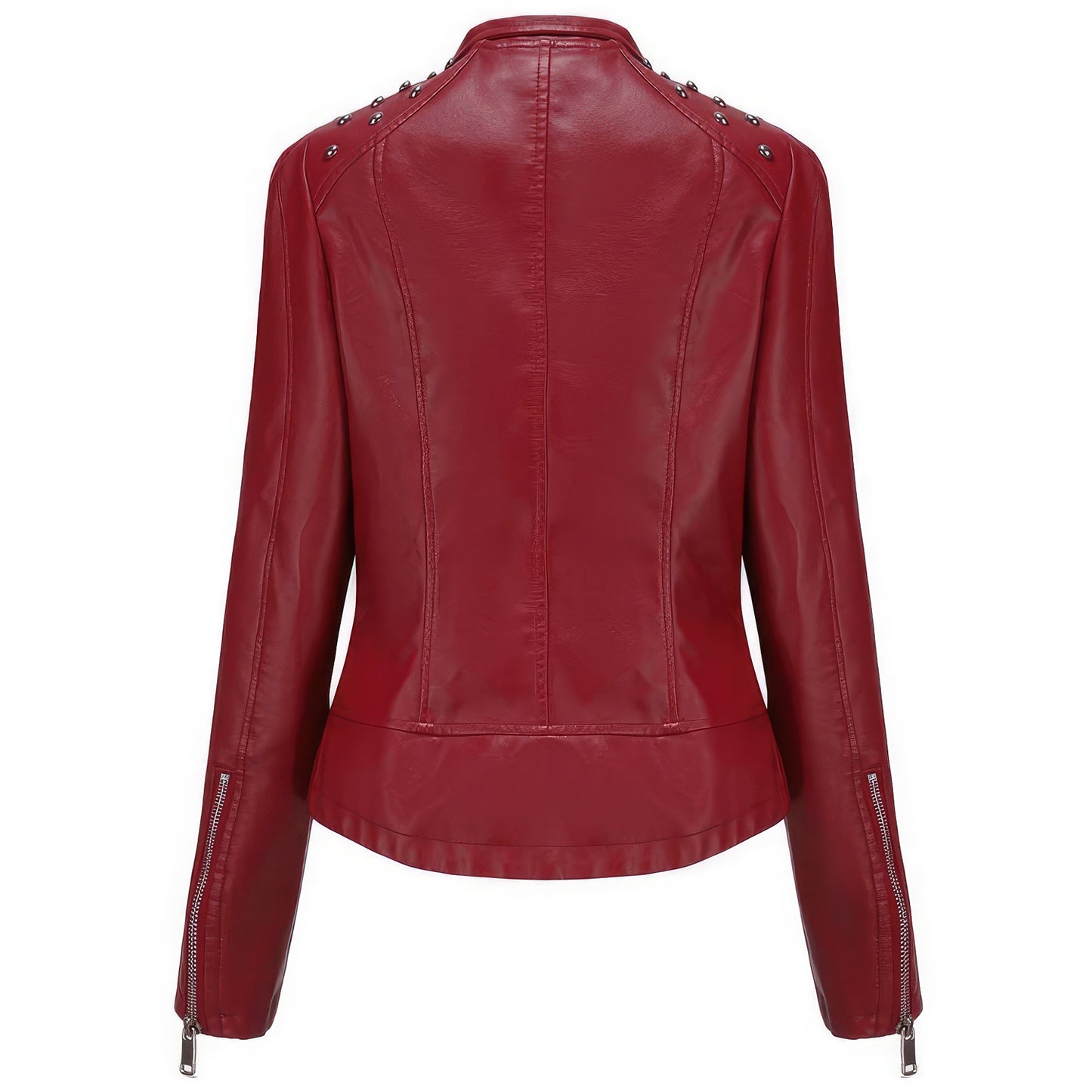 Wine Red Biker Sheepskin women's biker jacket with Stud Accents, Asymmetric Zip Closure, Slim Fit Style - Hide Crafts