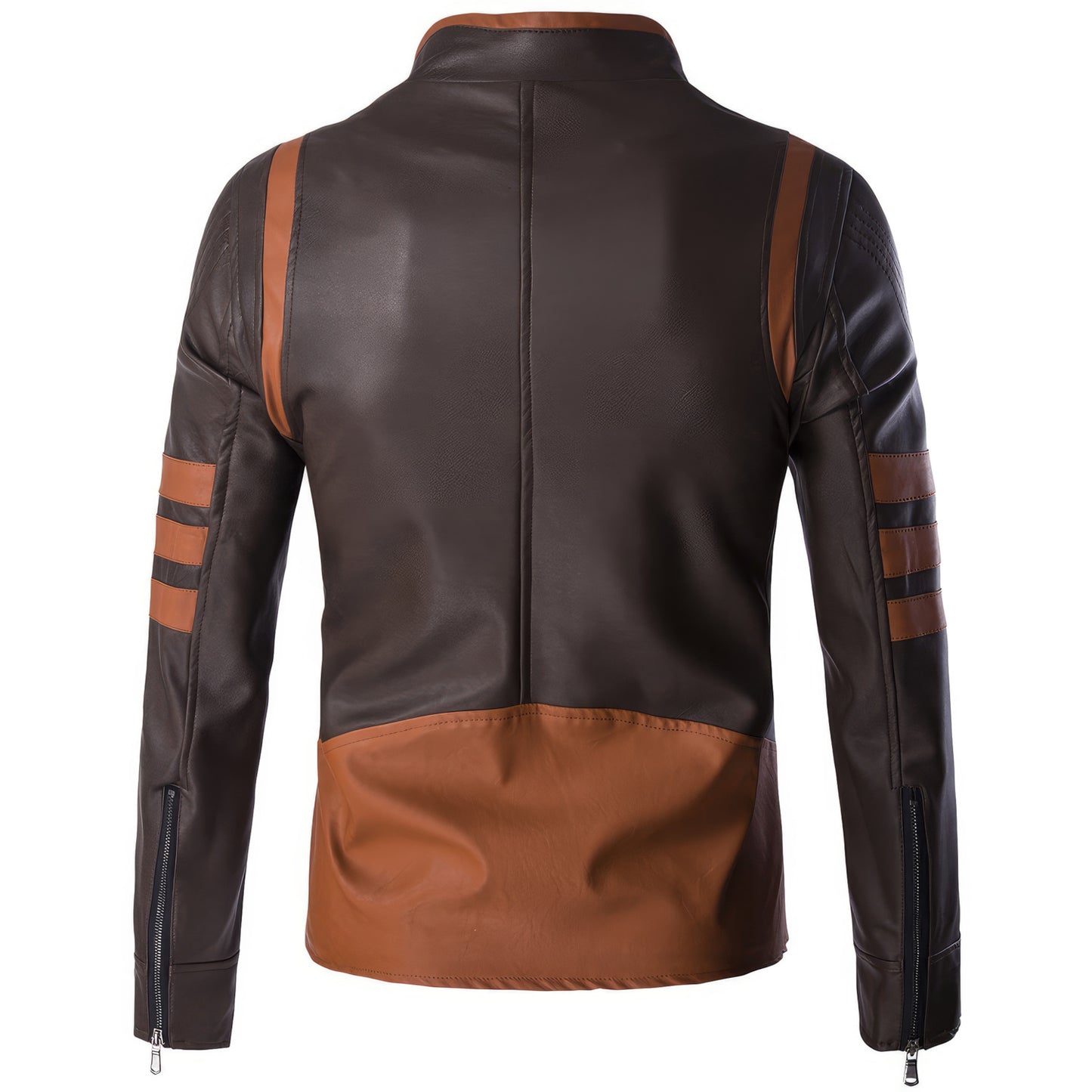 Men's Leather Jacket Brown Genuine Sheepskin Leather Jacket, Tan Strips, Zip-Up, Slim Fit, Racer Casual Style - Hide Crafts