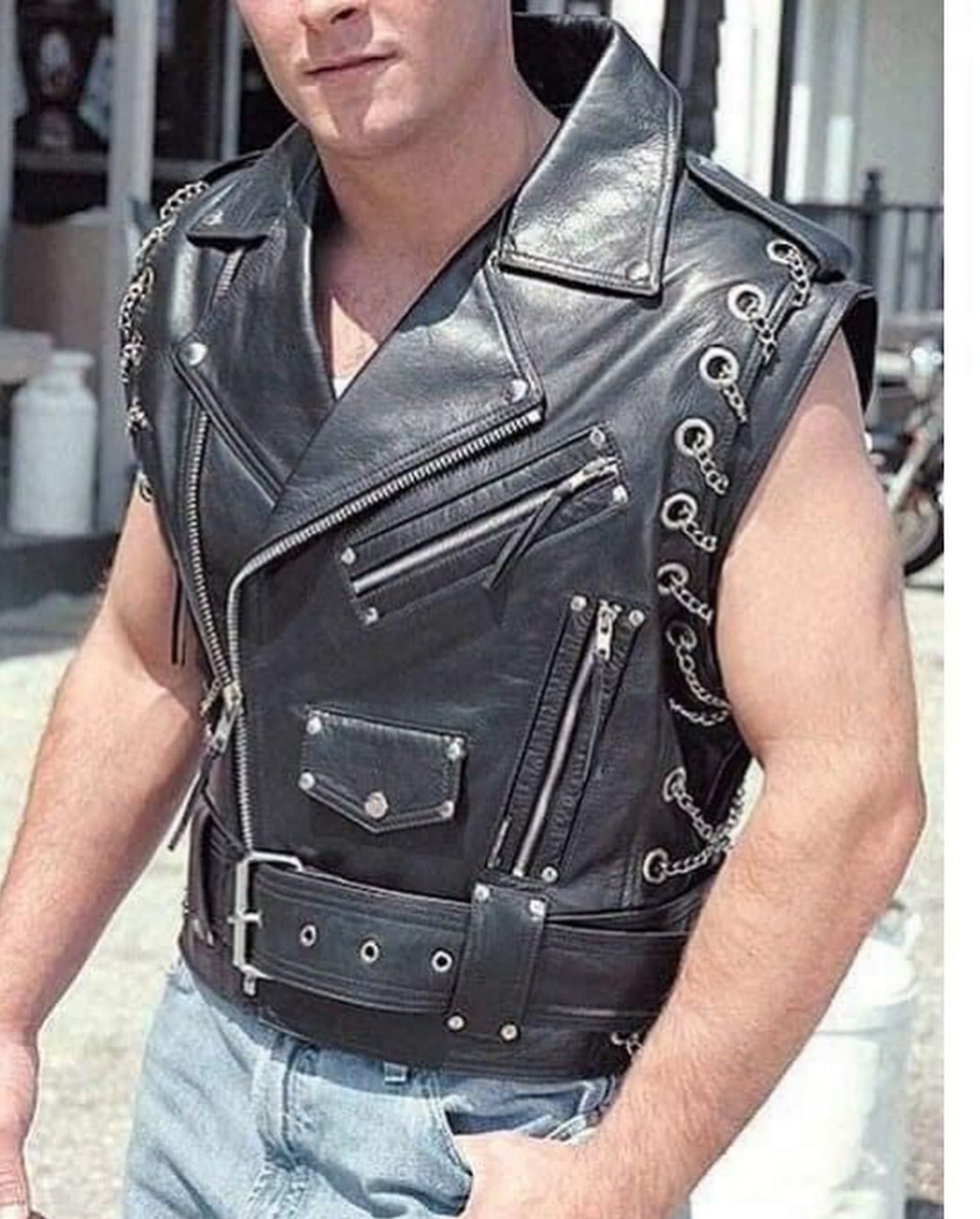 Chromed Out Leather Motorcycle Chain Vest