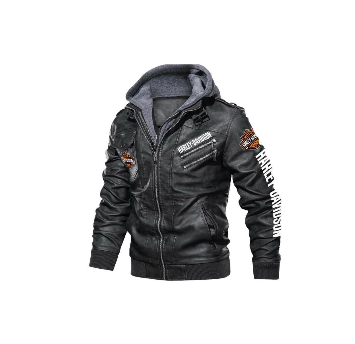 New Harley Davidson Cowhide Black Leather Biker Hoodie Jacket