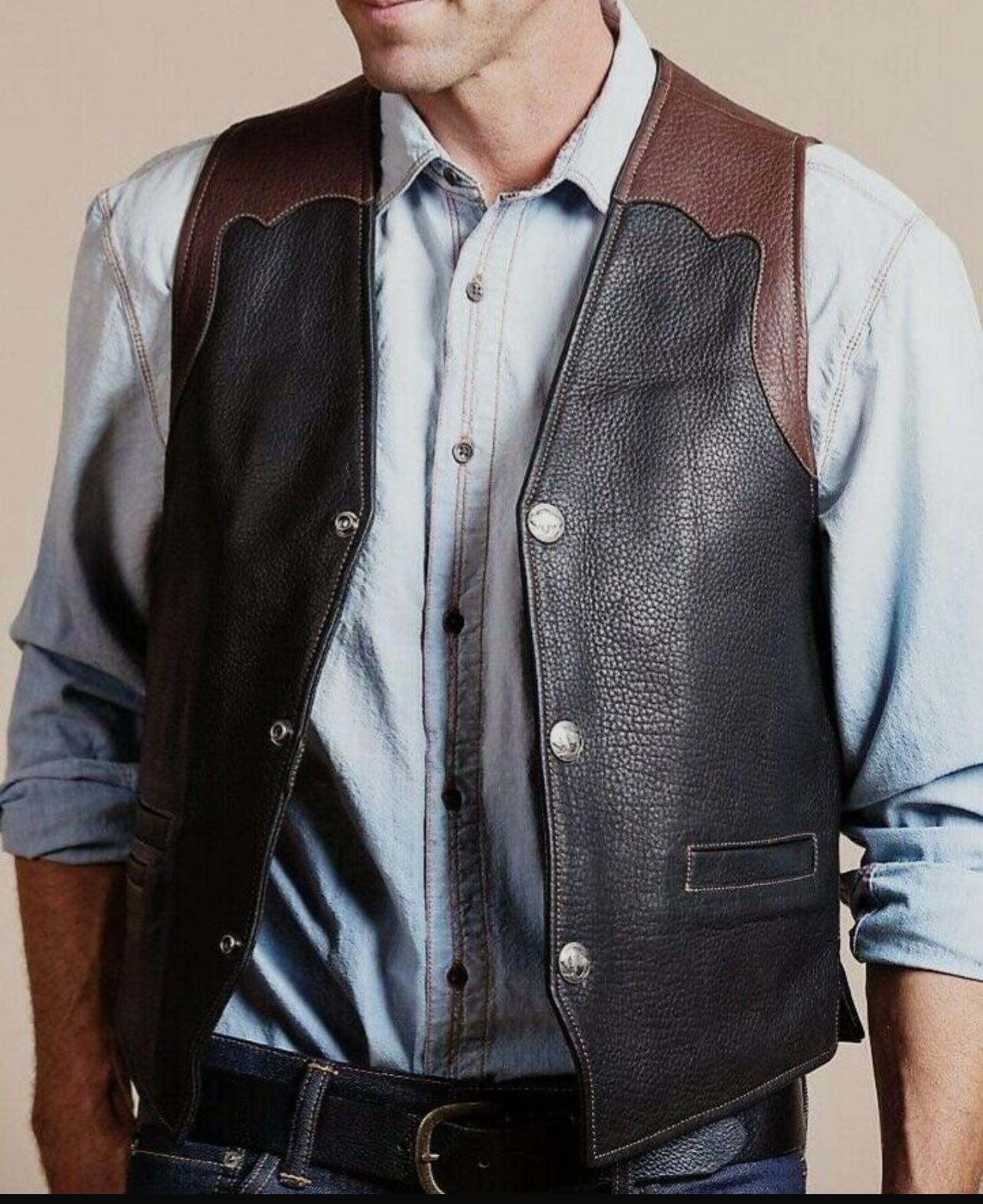 Black Brown Cowhide Leather Vest