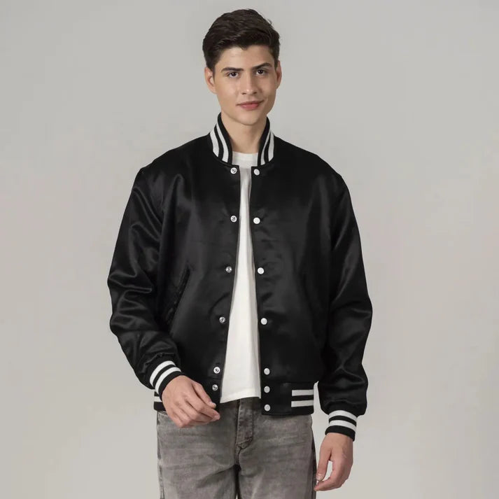 Men's Black Satin Varsity Jacket FREE SHIPPING