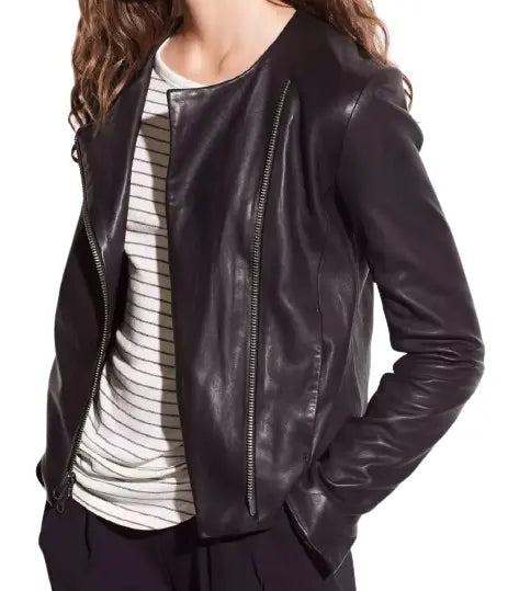 Black Collarless cropped jacket women trending Hide Crafts