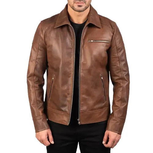 Brown Leather Biker Jacket, Real Sheep Skin, Zippered Hide Crafts