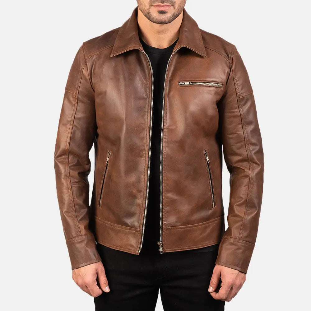 Brown Leather Biker Jacket, Real Sheep Skin, Zippered Hide Crafts