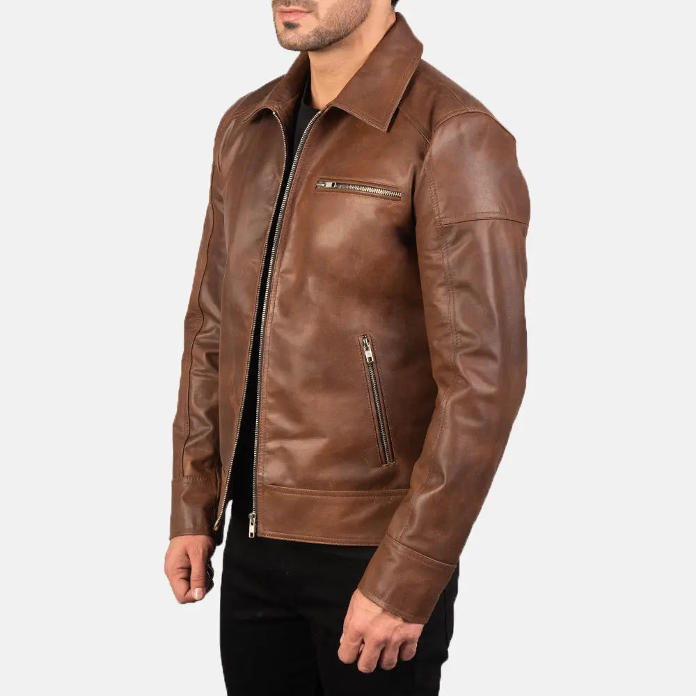 Brown Leather Biker Jacket, Real Sheep Skin, Zippered Hide Crafts