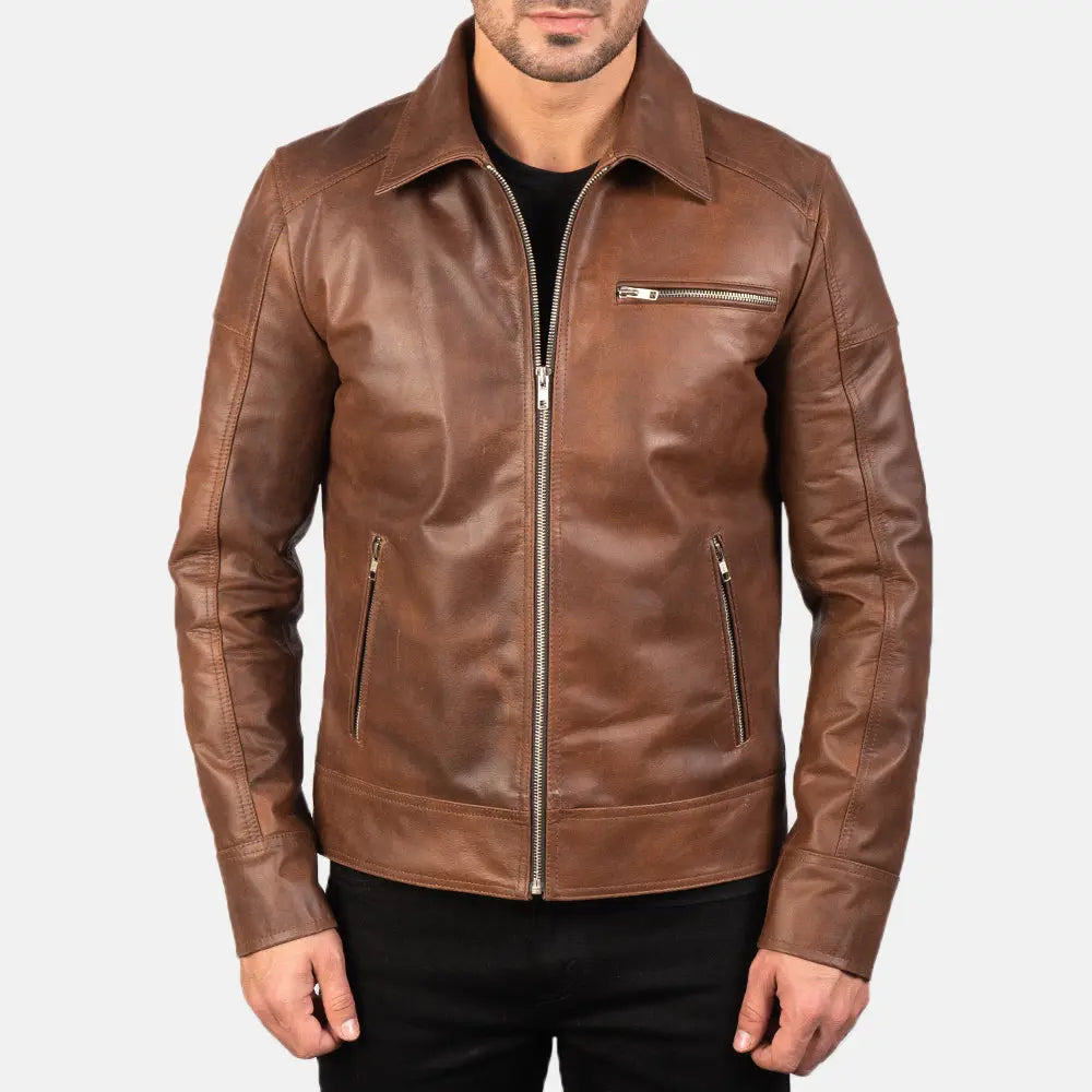 Brown Leather Biker Jacket, Real Sheep Skin, Zippered Hide Crafts
