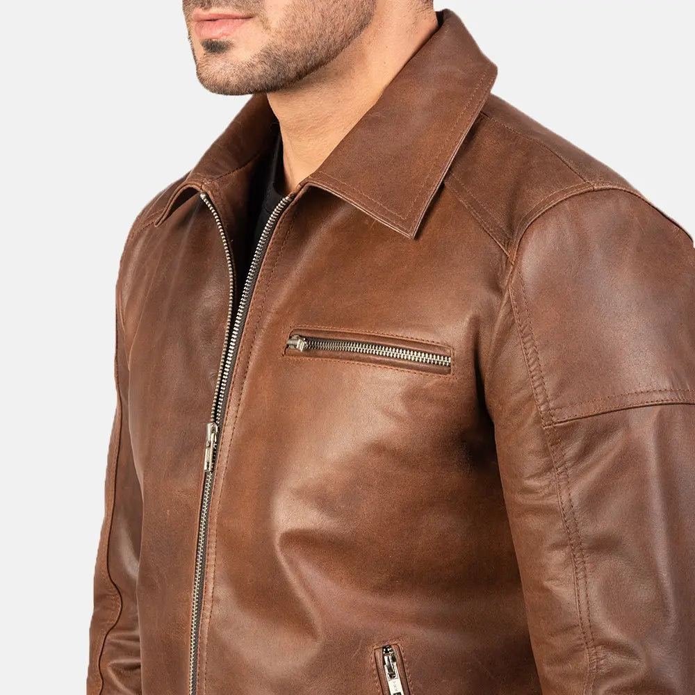 Brown Leather Biker Jacket, Real Sheep Skin, Zippered Hide Crafts