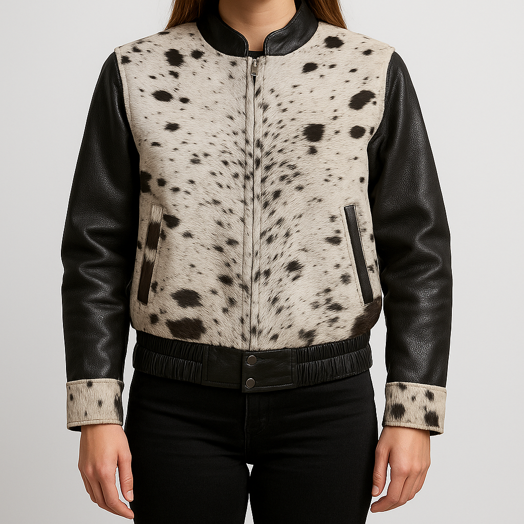 Cowhide Black White Hair on Hide Leather bomber Jacket, Black Sleeves with White Spotted Pattern, Elastic Waist