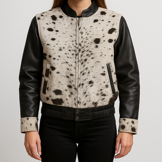 Cowhide Black White Hair on Hide Leather bomber Jacket, Black Sleeves with White Spotted Pattern, Elastic Waist