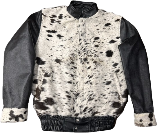 Cowhide Black White Hair on Hide Leather bomber Jacket, Black Sleeves with White Spotted Pattern, Elastic Waist