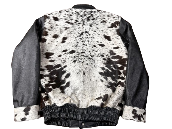 Cowhide Black White Hair on Hide Leather bomber Jacket, Black Sleeves with White Spotted Pattern, Elastic Waist
