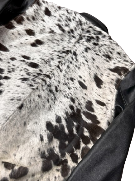 Cowhide Black White Hair on Hide Leather bomber Jacket, Black Sleeves with White Spotted Pattern, Elastic Waist