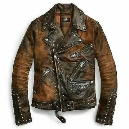 Leather Jacket brown Black Punk Full Silver Spiked Studded Zippered Jacket Hide Crafts