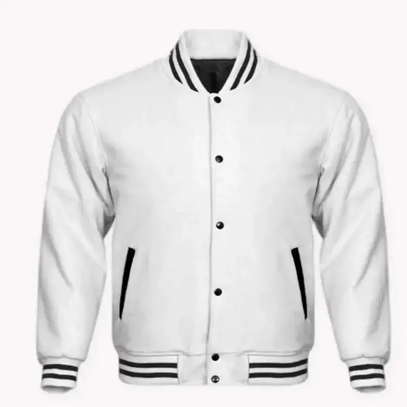 Men and Women Varsity Baseball College Lettermen Retro Bomber Classic Solid White All Wool Jacket with Black Trimming Hide Crafts