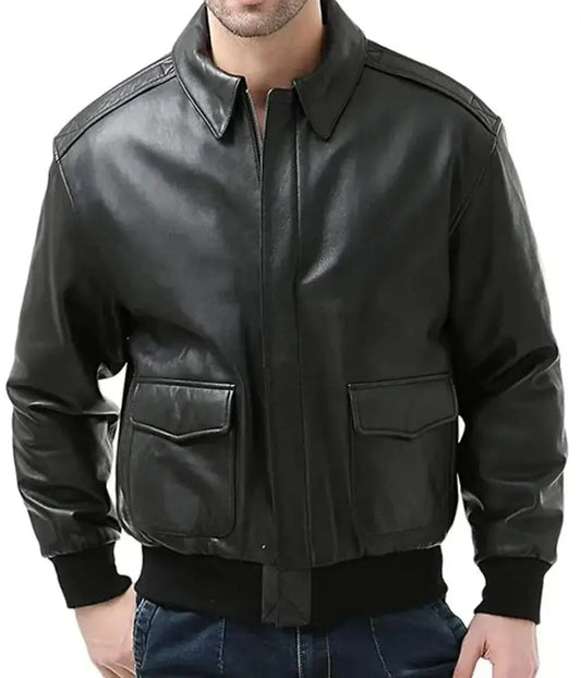 Men's Black Air Force A-2 Goatskin Leather Jacket, Zip Front, Flap Pockets Hide Crafts