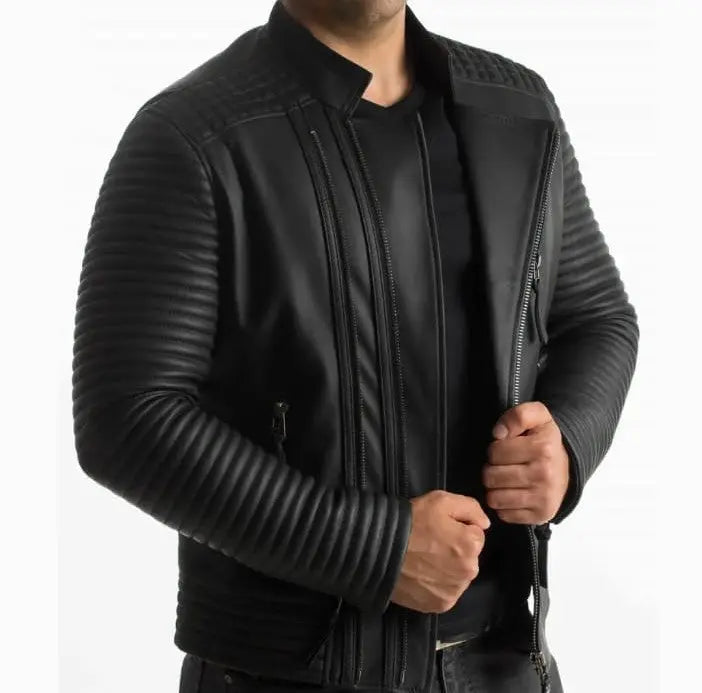 Men's Black Leather Biker Jacket, Zipper Closure, Banded Collar Hide Crafts