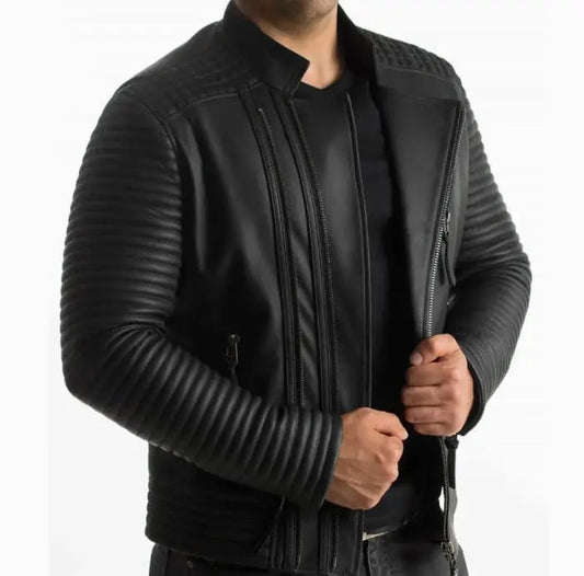 Men's Black Leather Biker Jacket, Zipper Closure, Banded Collar Hide Crafts