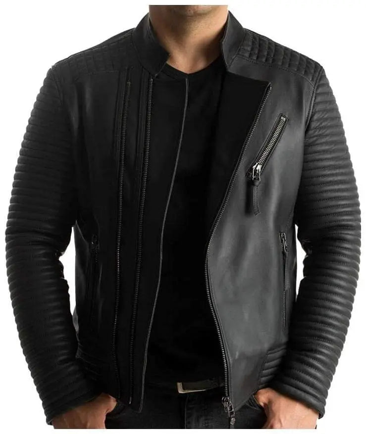 Men's Black Leather Biker Jacket, Zipper Closure, Banded Collar Hide Crafts