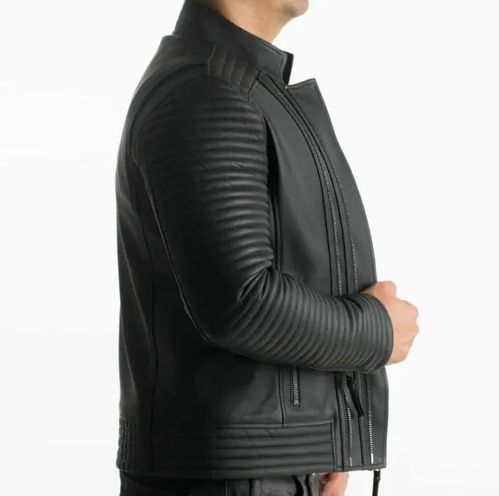 Men's Black Leather Biker Jacket, Zipper Closure, Banded Collar Hide Crafts