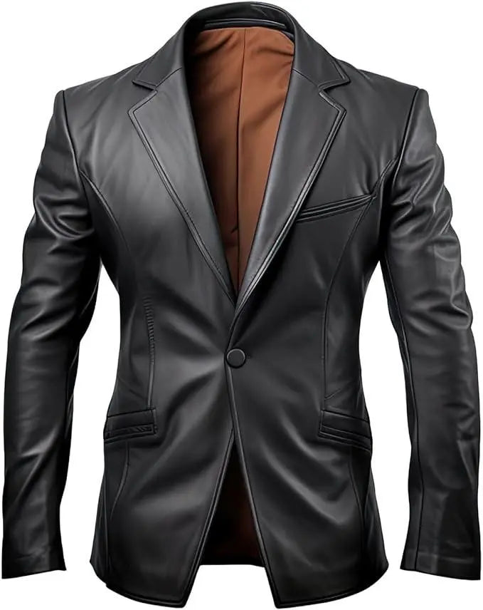 Men's Black Leather Blazer with Notch Lapel Collar Hide Crafts