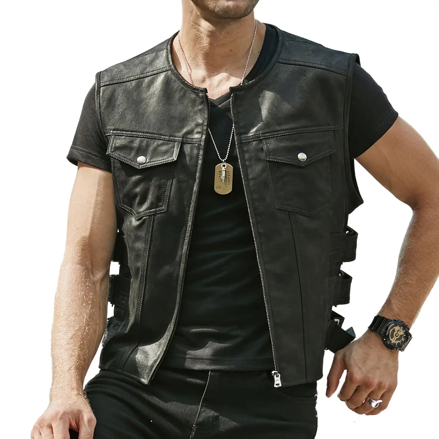 Men’s Black Leather Sleeveless Vest Motor Biker Classic Sporty Zip-Up Leather Waistcoat ll Side Adjustment Strap Hide Crafts