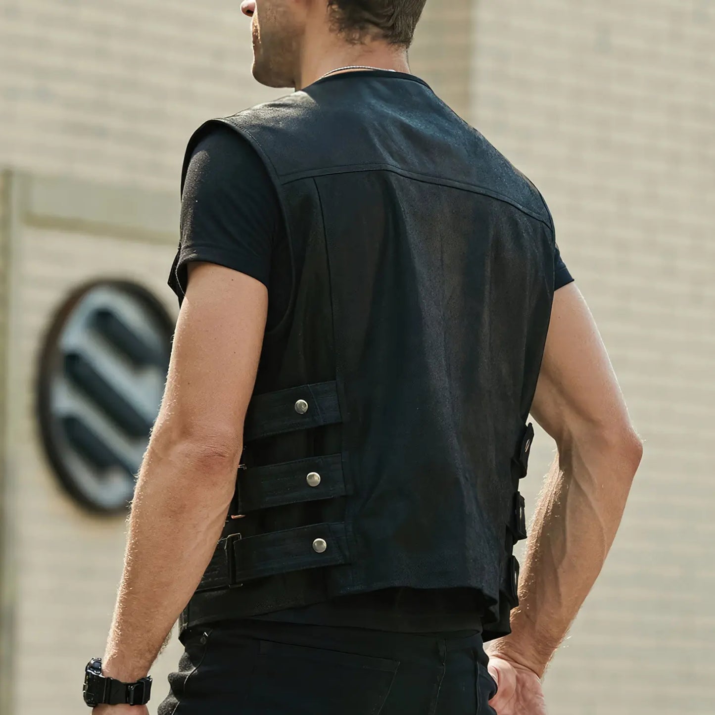 Men’s Black Leather Sleeveless Vest Motor Biker Classic Sporty Zip-Up Leather Waistcoat ll Side Adjustment Strap Hide Crafts