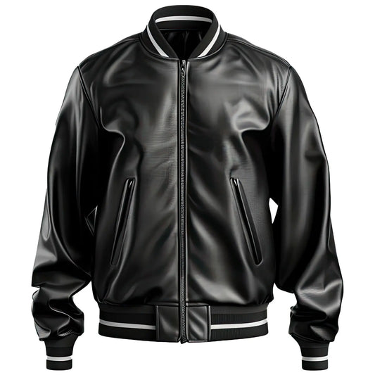 Men's Black Sheepskin Genuine Leather Jacket with Baseball Collar, Baggy Stylish Hide Crafts