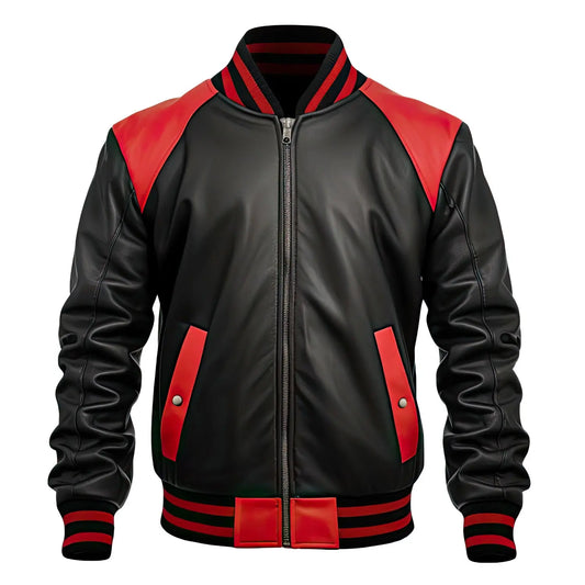 Men's Black Sheepskin Leather Baseball Jacket Red Stripes, Casual Classy Outfit Hide Crafts
