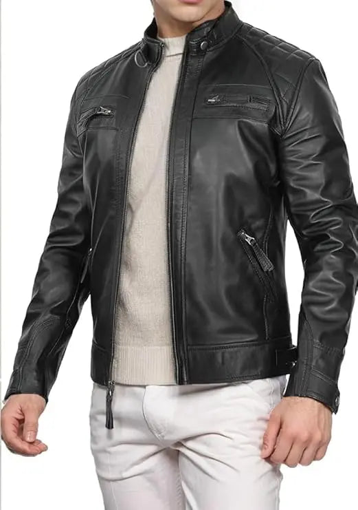 Men's Black and Brown Genuine Lambskin Leather Biker Jacket, Vintage Motorcycle Jackets Hide Crafts