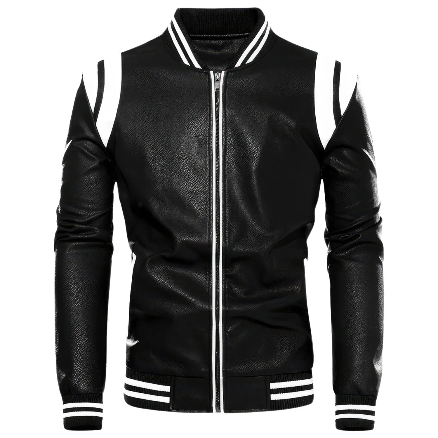 Men's Black with White Shoulder Stripesreal Sheepskin Leather Biker Jacket Hide Crafts