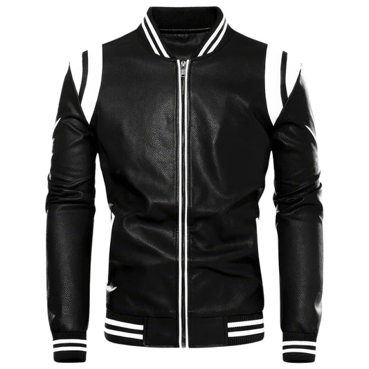 Men's Black with White Shoulder Stripesreal Sheepskin Leather Biker Jacket Hide Crafts