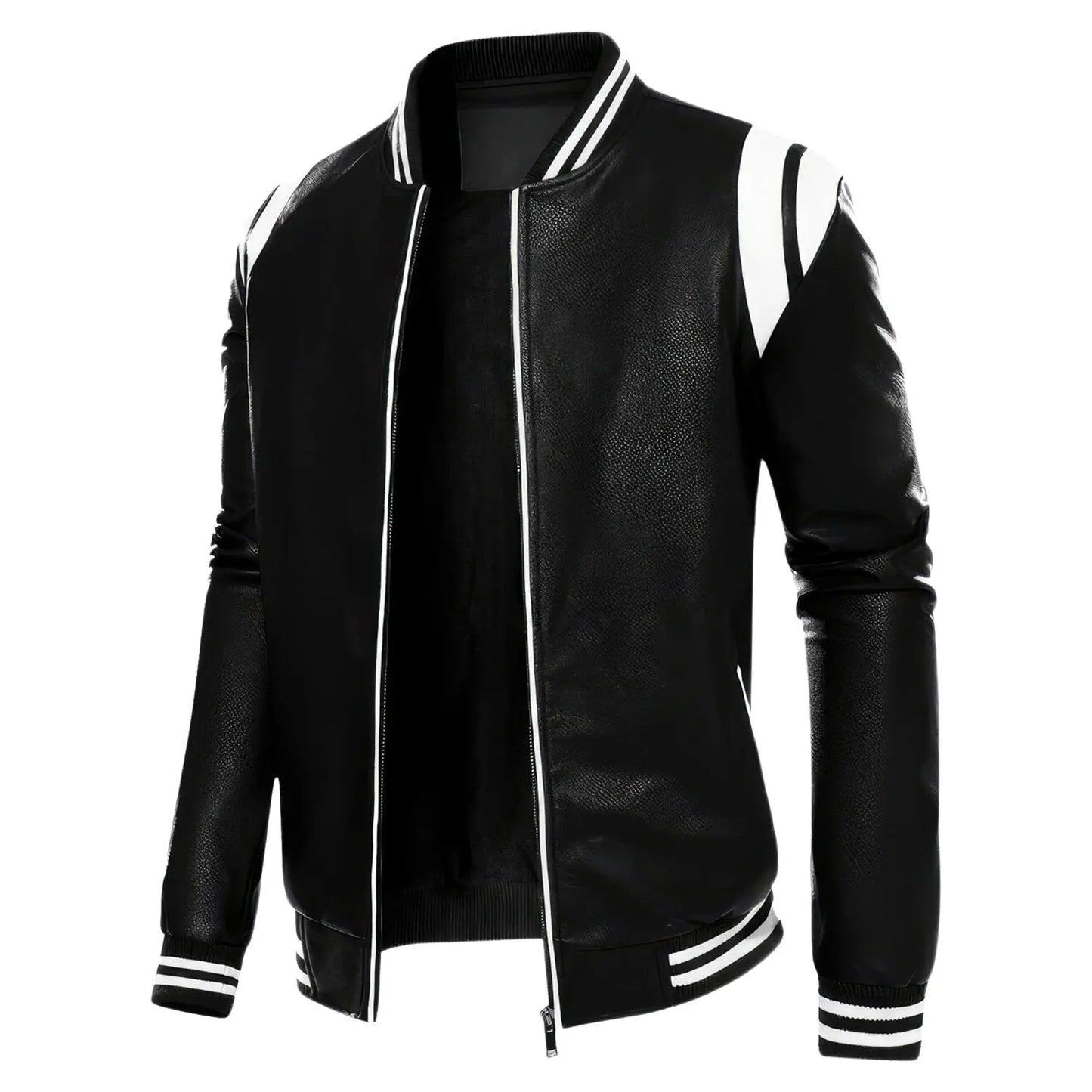 Men's Black with White Shoulder Stripesreal Sheepskin Leather Biker Jacket Hide Crafts