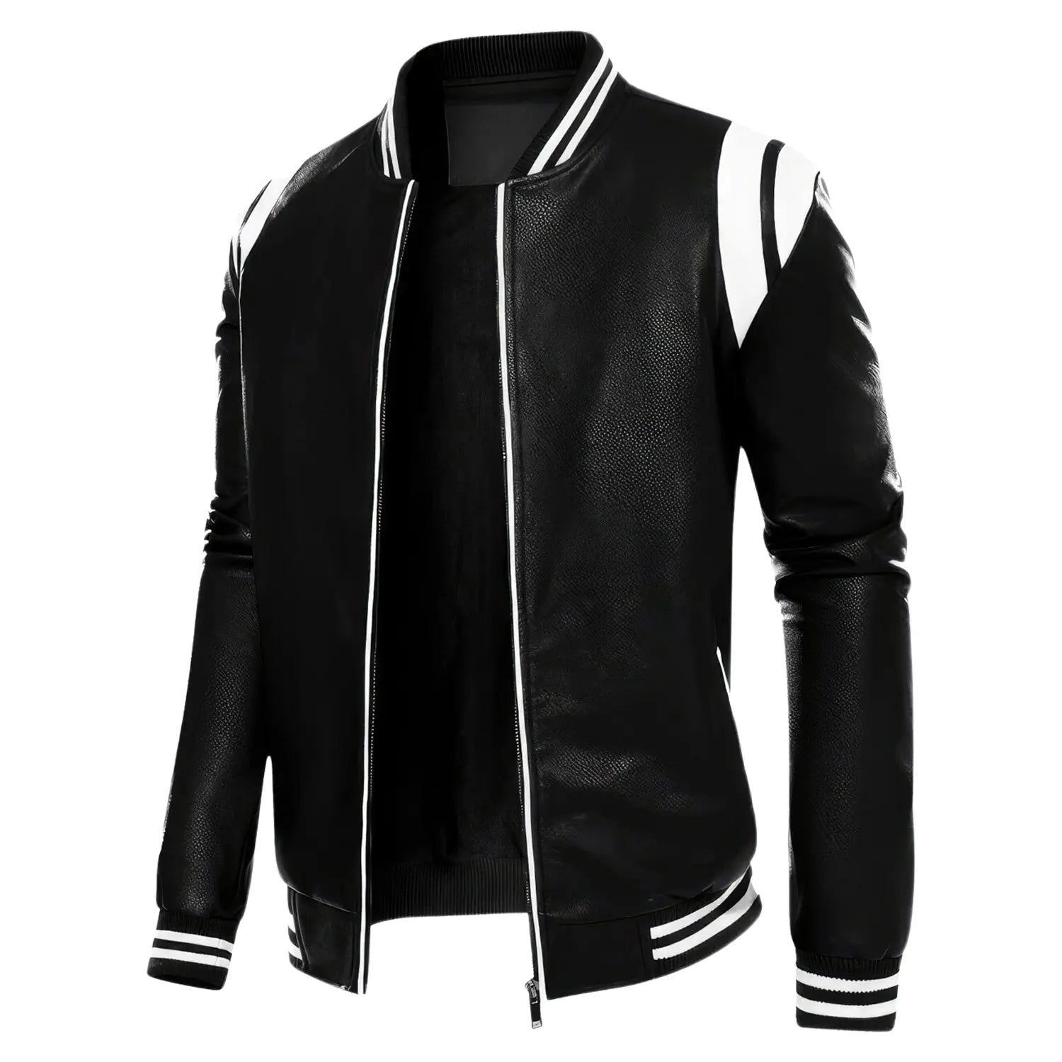 Men's Black with White Shoulder Stripesreal Sheepskin Leather Biker Jacket Hide Crafts