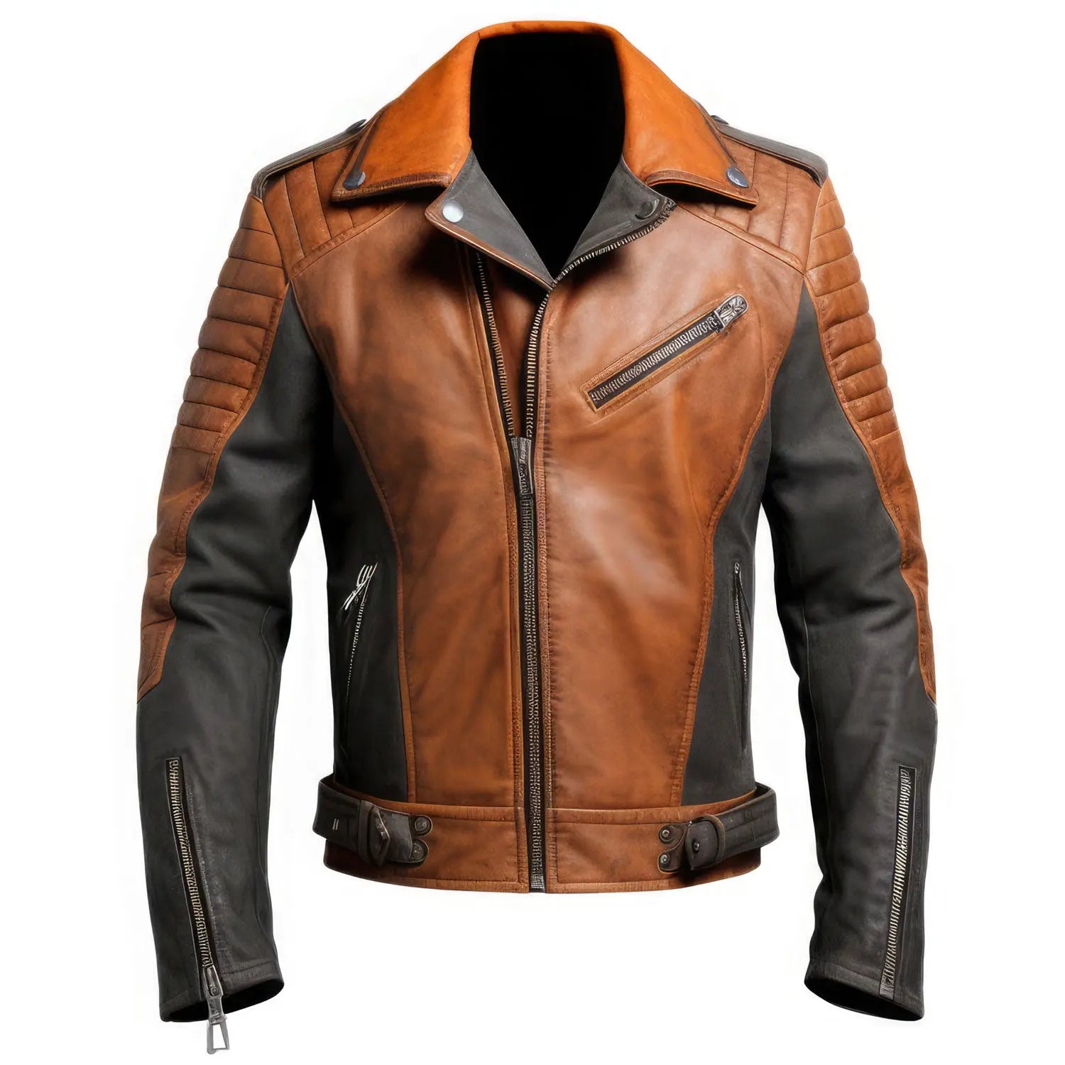 Men's Brown Quilted Moto Genuine Sheepskin Leather Jacket Distressed Hide Crafts
