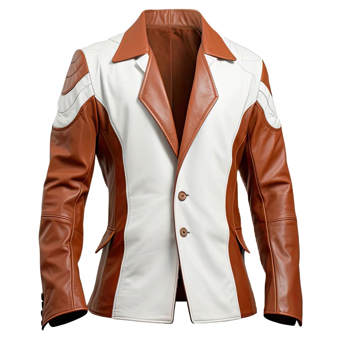 Men's Brown and White Leather Blazer with Notch Lapel Collar Back Belt Hide Crafts