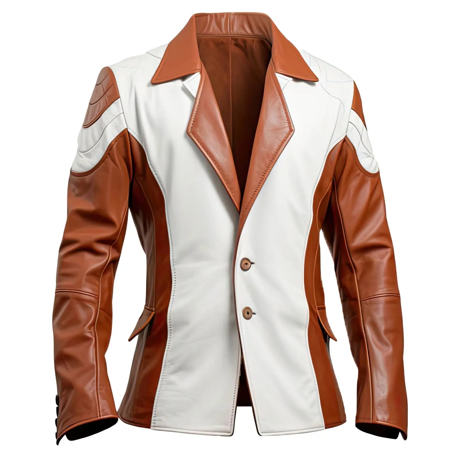 Men's Brown and White Leather Blazer with Notch Lapel Collar Back Belt Hide Crafts