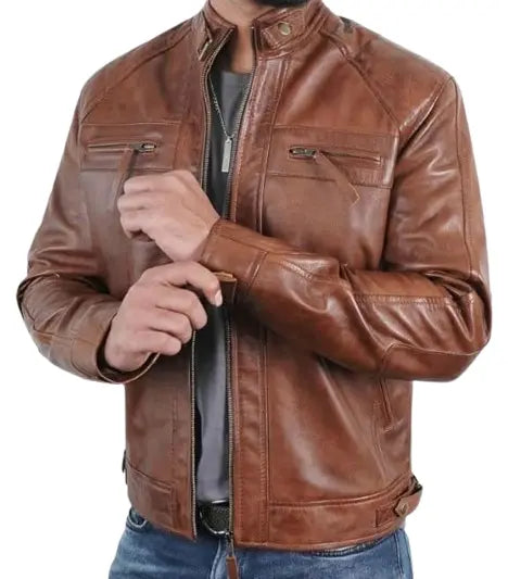 Men's Classic Motorcycle Leather Jacket, Brown, Stand Collar, Front Zip Pockets Hide Crafts