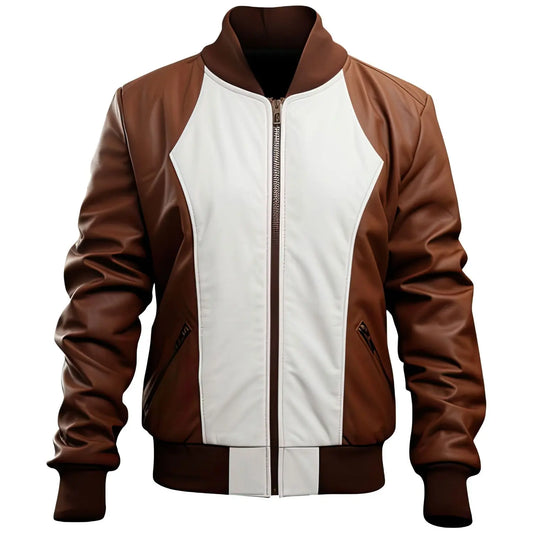 Men's Dark Brown White Sheepskin Leather Jacket with Baseball Collar, Casual Sportswear Lightweight Hide Crafts