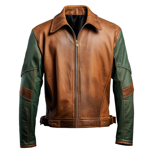 Men's Distressed Brown Sea Green Leather Jacket with Shirt Collar, Lightweight Racing Style Hide Crafts