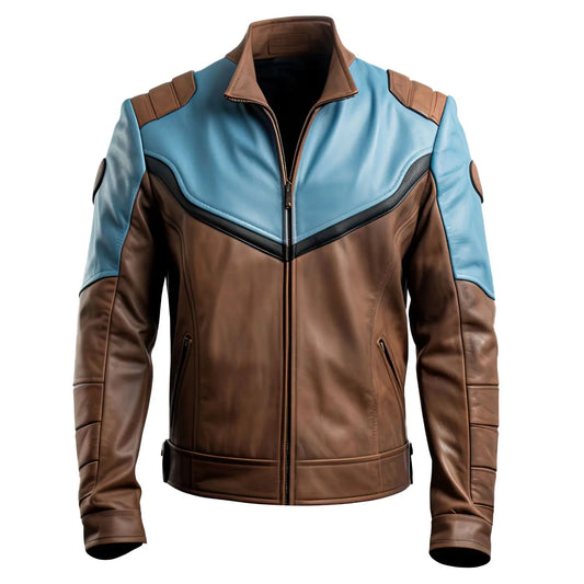 Men's Dusty Blue Brown Genuine Sheepskin Leather Racer Style Jacket, Stand Collar, Zip-up, Racer Style Hide Crafts