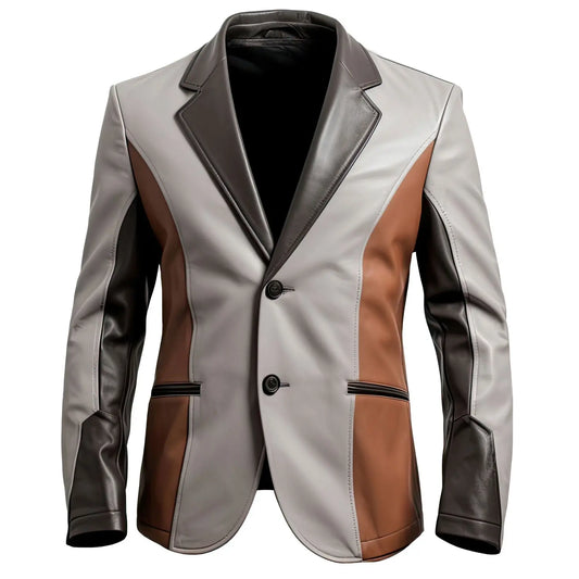 Men's Grey and Brown Sheepskin Leather Jacket Lightweight Blazer Button Up with Notched Lapel Collar Hide Crafts